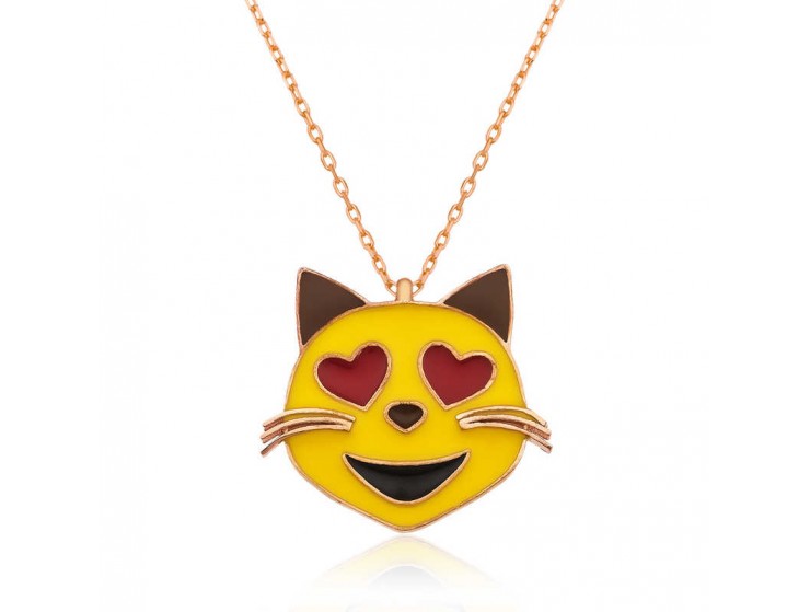 Gümüş Kalp Gözlü Kedi Emoji Bayan Kolye