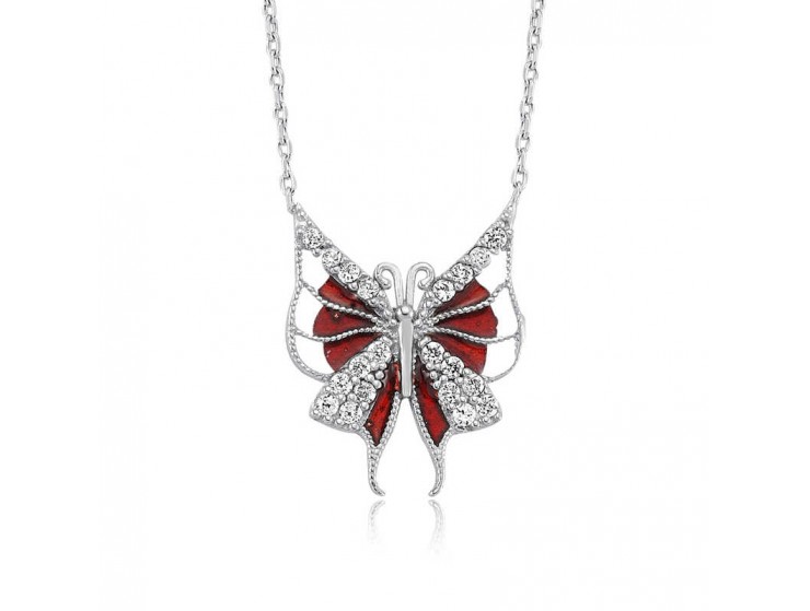 Gümüş Kırmızı Kelebek Bayan Kolye