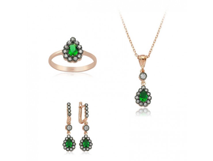 Gümüş Yeşil Taşlı Damla Bayan Set Gümüş Yeşil Taşlı Damla Bayan Set