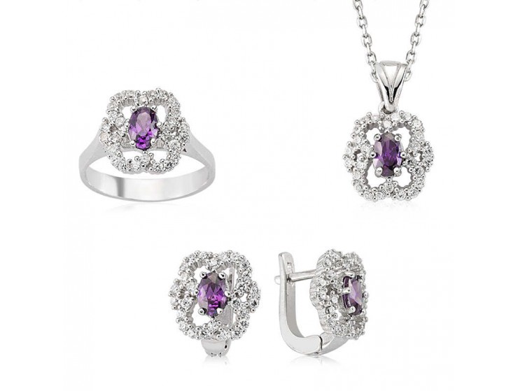 Gümüş Mor Taşlı Bayan Set Gümüş Mor Taşlı Bayan Set