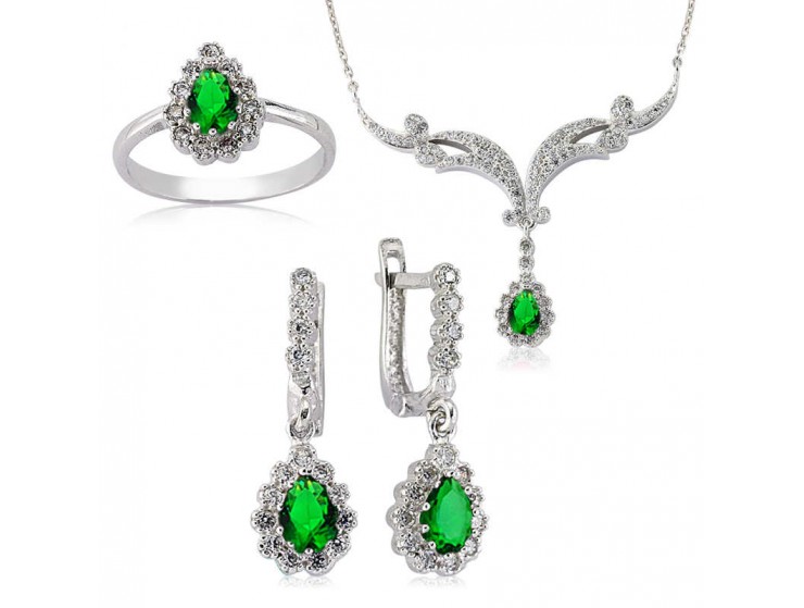 Gümüş Yeşil Damla Bayan Set Gümüş Yeşil Damla Bayan Set