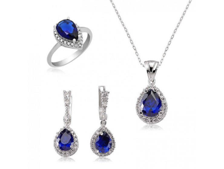 Gümüş Lacivert Damla Bayan Set Gümüş Lacivert Damla Bayan Set