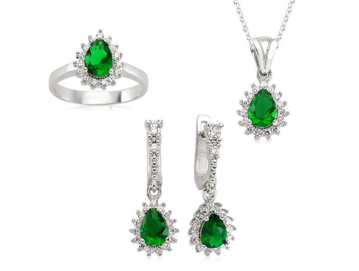 Gümüş Yeşil Taşlı Damla Bayan Set Gümüş Yeşil Taşlı Damla Bayan Set