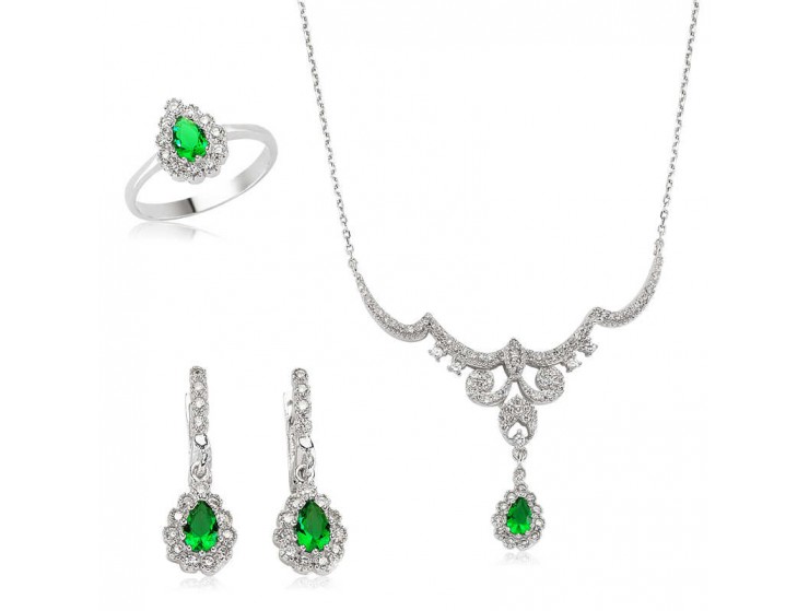 Gümüş Yeşil Taşlı Damla Bayan Set Gümüş Yeşil Taşlı Damla Bayan Set