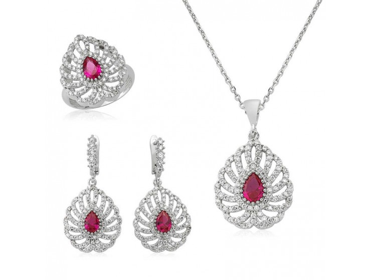 Gümüş Pembe Taşlı Damla Bayan Set Gümüş Pembe Taşlı Damla Bayan Set