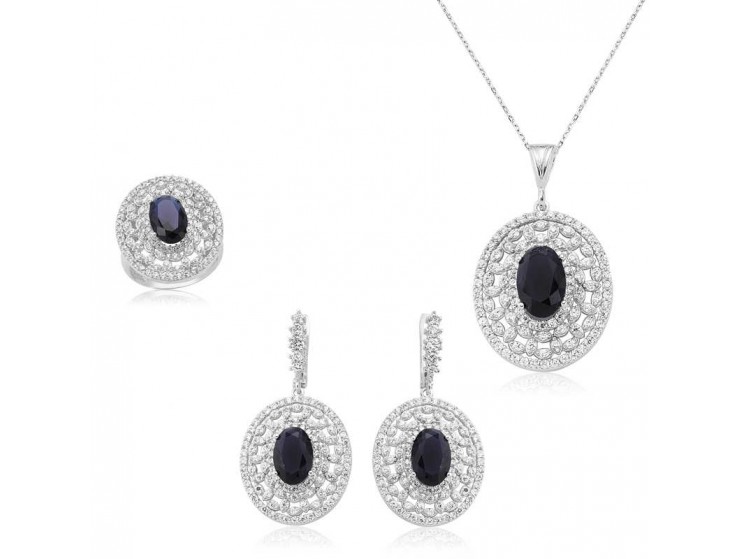 Gümüş Lacivert Oval Taşlı Bayan Set Gümüş Lacivert Oval Taşlı Bayan Set