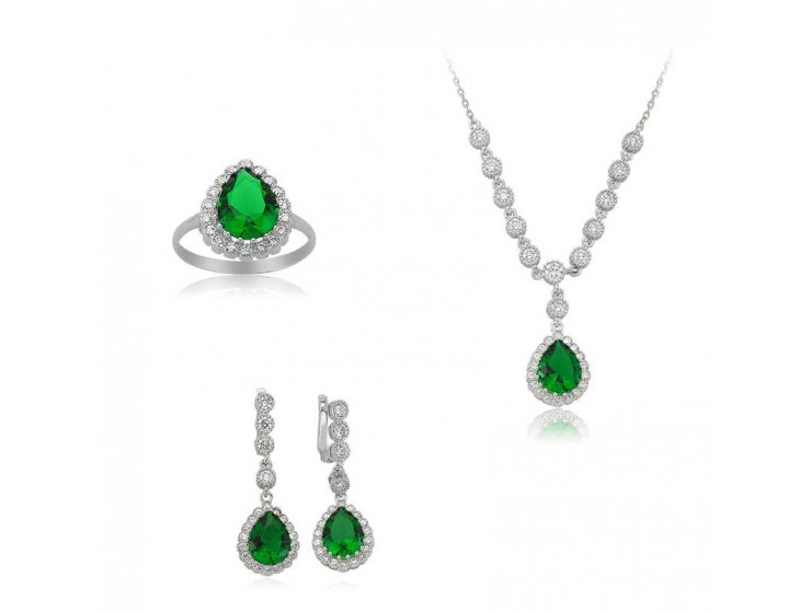 Gümüş Yeşil Taşlı Damla Bayan Set Gümüş Yeşil Taşlı Damla Bayan Set