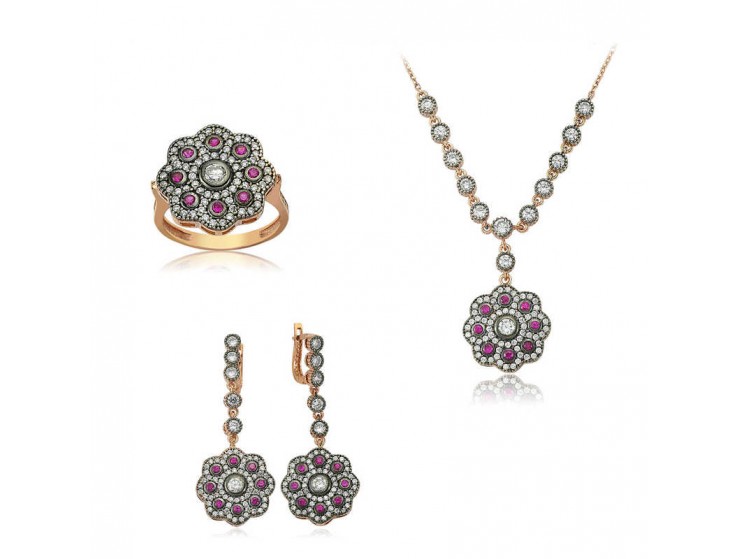 Gümüş Pembe Taşlı Çiçek Bayan Set Gümüş Pembe Taşlı Çiçek Bayan Set