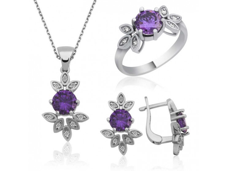 Gümüş Mor Taşlı Bayan Set Gümüş Mor Taşlı Bayan Set