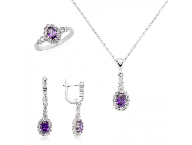 Gümüş Mor Taşlı Bayan Set Gümüş Mor Taşlı Bayan Set