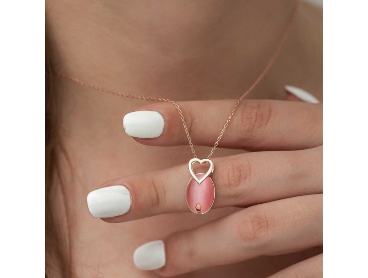 Gümüş Pembe Kedi Gözü Taşlı Kalp Kolye Gümüş Pembe Kedi Gözü Taşlı Kalp Kolye