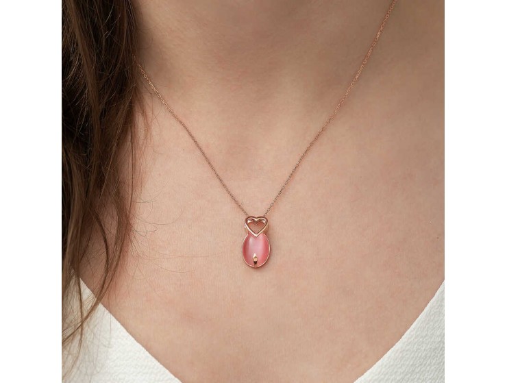 Gümüş Pembe Kedi Gözü Taşlı Kalp Kolye Gümüş Pembe Kedi Gözü Taşlı Kalp Kolye
