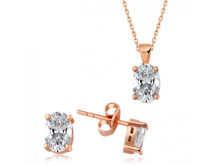 Gümüş Rose Oval Taş İkili Set Gümüş Rose Oval Taş İkili Set