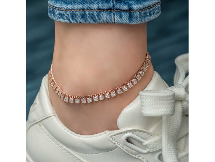 Gümüş Gurmet Zincirli Kare Zirkon Taşlı Rose Gold Halhal Gümüş Gurmet Zincirli Kare Zirkon Taşlı Rose Gold Halhal