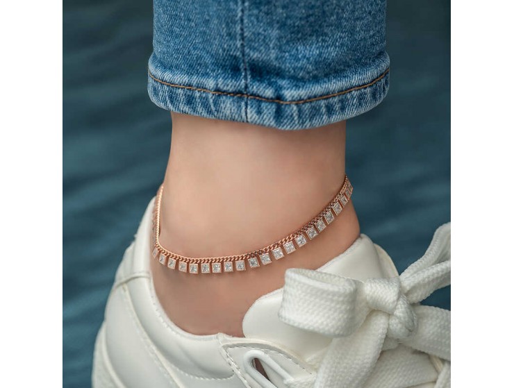 Gümüş Gurmet Zincirli Kare Zirkon Taşlı Rose Gold Halhal Gümüş Gurmet Zincirli Kare Zirkon Taşlı Rose Gold Halhal