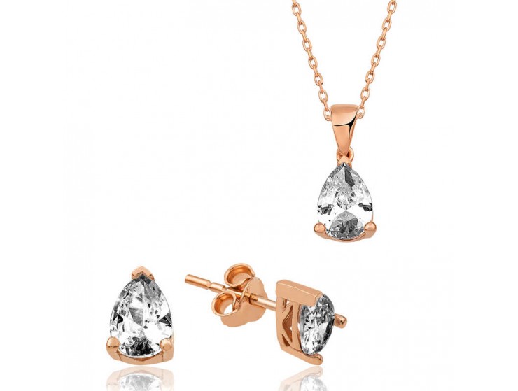Gümüş Rose Damla Taş İkili Set Gümüş Rose Damla Taş İkili Set
