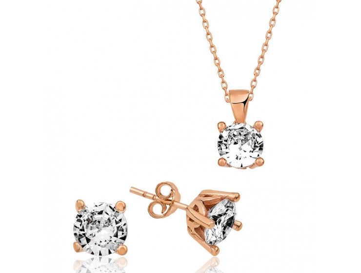 Gümüş Rose Tek Taş İkili Set Gümüş Rose Tek Taş İkili Set