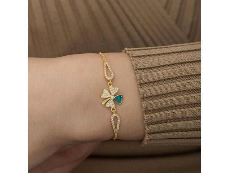 Gümüş Gold Nazarlı Yonca Bileklik Gümüş Gold Nazarlı Yonca Bileklik
