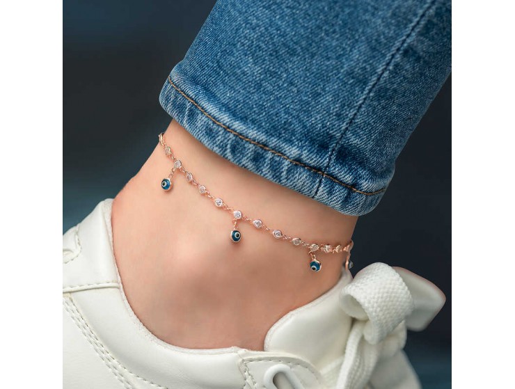 Gümüş Sıralı Zirkon Taşlı Nazarlı Rose Gold Halhal Gümüş Sıralı Zirkon Taşlı Nazarlı Rose Gold Halhal
