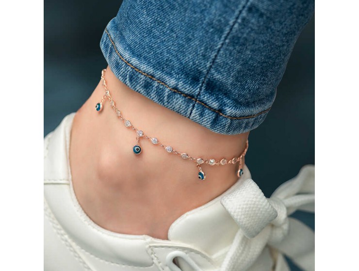 Gümüş Sıralı Zirkon Taşlı Nazarlı Rose Gold Halhal Gümüş Sıralı Zirkon Taşlı Nazarlı Rose Gold Halhal