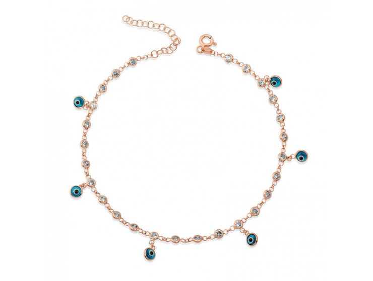 Gümüş Sıralı Zirkon Taşlı Nazarlı Rose Gold Halhal Gümüş Sıralı Zirkon Taşlı Nazarlı Rose Gold Halhal