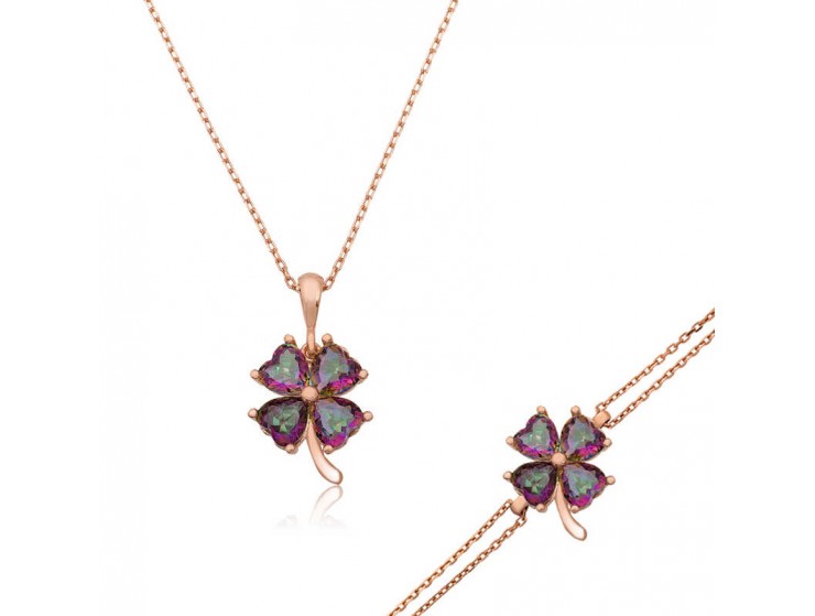 Gümüş Mistik Topaz Yonca Bayan Set Gümüş Mistik Topaz Yonca Bayan Set