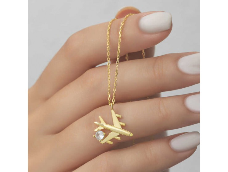 Gümüş Gold Tek Taşlı Uçak Kadın Kolye Gümüş Gold Tek Taşlı Uçak Kadın Kolye