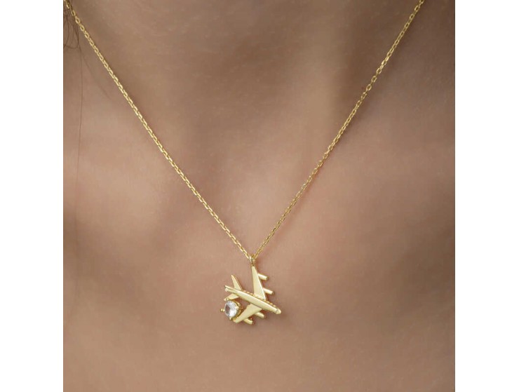 Gümüş Gold Tek Taşlı Uçak Kadın Kolye Gümüş Gold Tek Taşlı Uçak Kadın Kolye