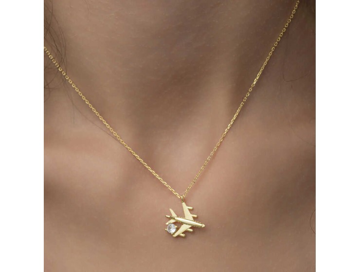 Gümüş Gold Tek Taşlı Uçak Kadın Kolye Gümüş Gold Tek Taşlı Uçak Kadın Kolye