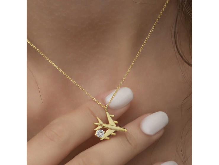 Gümüş Gold Tek Taşlı Uçak Kadın Kolye Gümüş Gold Tek Taşlı Uçak Kadın Kolye