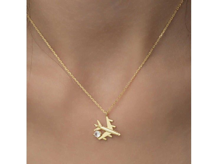Gümüş Gold Tek Taşlı Uçak Kadın Kolye Gümüş Gold Tek Taşlı Uçak Kadın Kolye