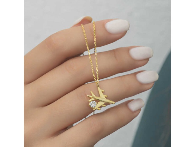 Gümüş Gold Tek Taşlı Uçak Kadın Kolye Gümüş Gold Tek Taşlı Uçak Kadın Kolye