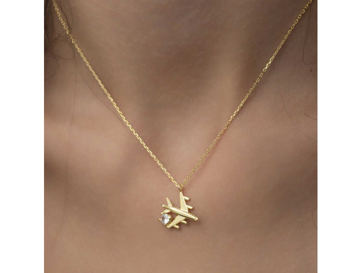Gümüş Gold Tek Taşlı Uçak Kadın Kolye Gümüş Gold Tek Taşlı Uçak Kadın Kolye