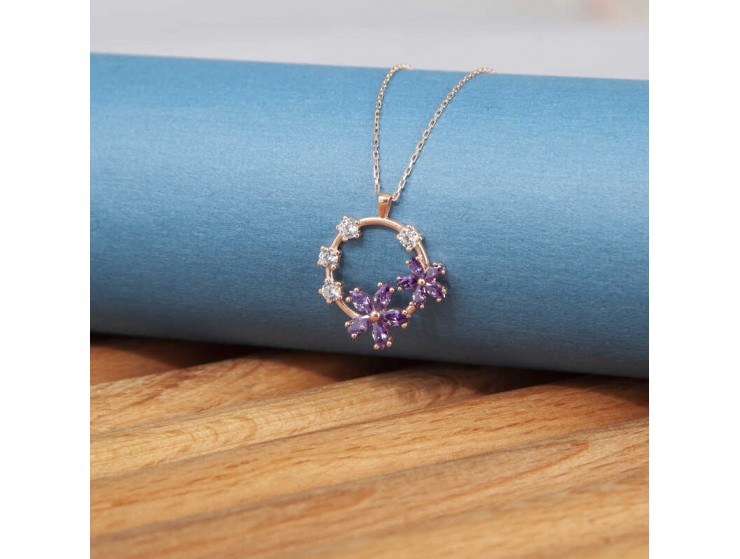 Gümüş Rose Mor Çiçek KadIn Kolye Gümüş Rose Mor Çiçek KadIn Kolye