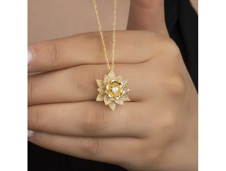 Gümüş Gold Beyaz Taşlı Lotus Çiçeği Kadın Kolye Gümüş Gold Beyaz Taşlı Lotus Çiçeği Kadın Kolye