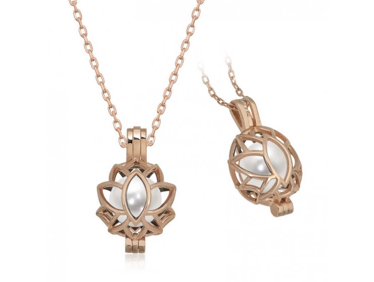 Gümüş Rose Beyaz İnci Kafesli Lotus Kadın Kolye Gümüş Rose Beyaz İnci Kafesli Lotus Kadın Kolye