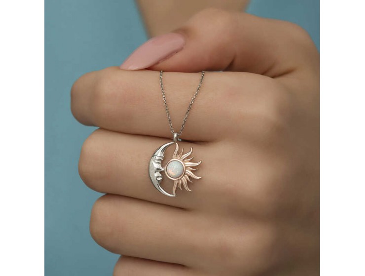 Gümüş Opal Beyaz Taşlı Ay Güneş Kadın Kolye Gümüş Opal Beyaz Taşlı Ay Güneş Kadın Kolye