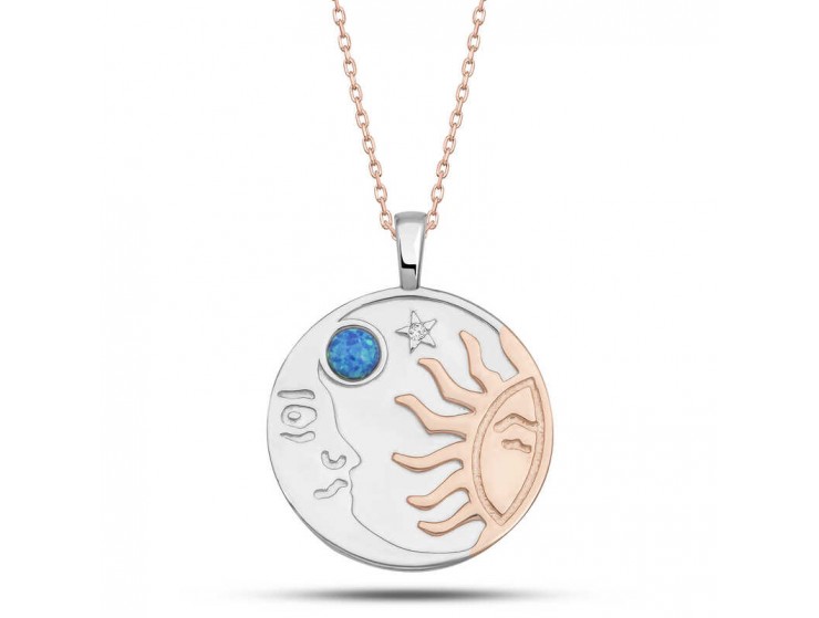 Gümüş Rose Opal Mavi Taşlı Ay Güneş Kadın Kolye Gümüş Rose Opal Mavi Taşlı Ay Güneş Kadın Kolye