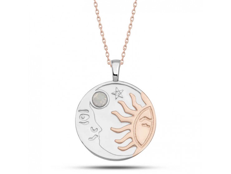 Gümüş Rose Opal Beyaz Taşlı Ay Güneş Kadın Kolye Gümüş Rose Opal Beyaz Taşlı Ay Güneş Kadın Kolye