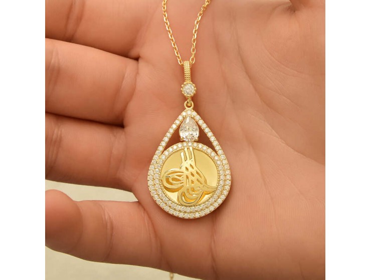 Gümüş Gold Kaplama Damla Tuğralı Kadın Kolye Gümüş Gold Kaplama Damla Tuğralı Kadın Kolye