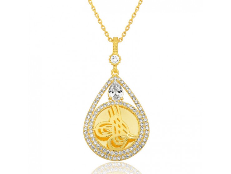 Gümüş Gold Kaplama Damla Tuğralı Kadın Kolye Gümüş Gold Kaplama Damla Tuğralı Kadın Kolye