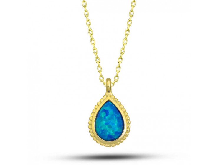 Gümüş Gold Damla Mavi Opal Taşlı Kadın Kolye Gümüş Gold Damla Mavi Opal Taşlı Kadın Kolye