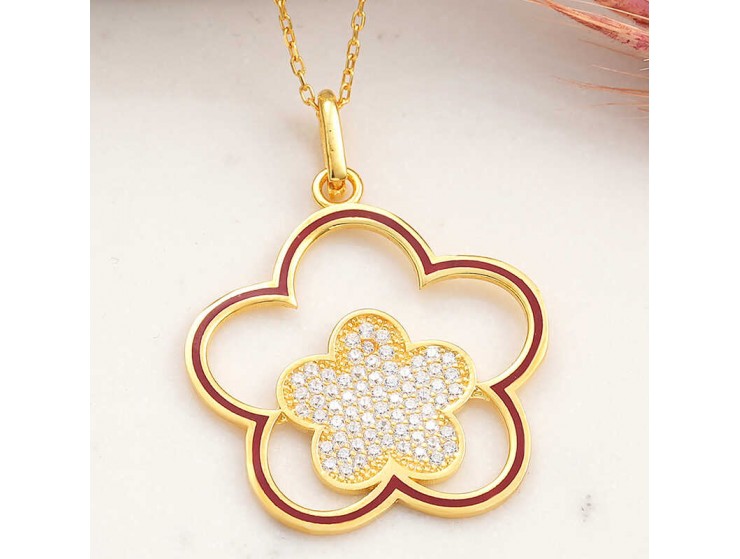 Gümüş Gold Çiçek Desenli Kadın Kolye Gümüş Gold Çiçek Desenli Kadın Kolye