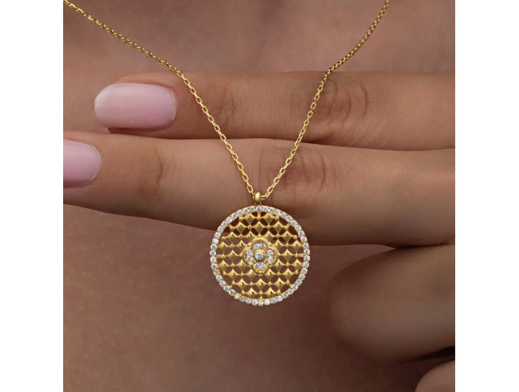 Gümüş Gold Zirkon Taşlı Çiçek Kadın Kolye Gümüş Gold Zirkon Taşlı Çiçek Kadın Kolye