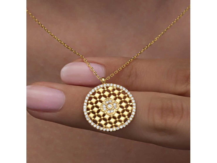 Gümüş Gold Zirkon Taşlı Çiçek Kadın Kolye Gümüş Gold Zirkon Taşlı Çiçek Kadın Kolye