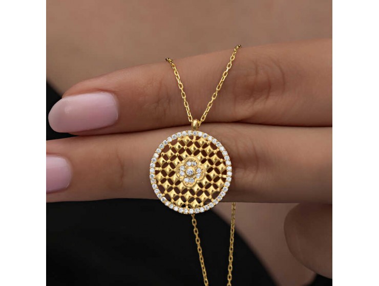 Gümüş Gold Zirkon Taşlı Çiçek Kadın Kolye Gümüş Gold Zirkon Taşlı Çiçek Kadın Kolye