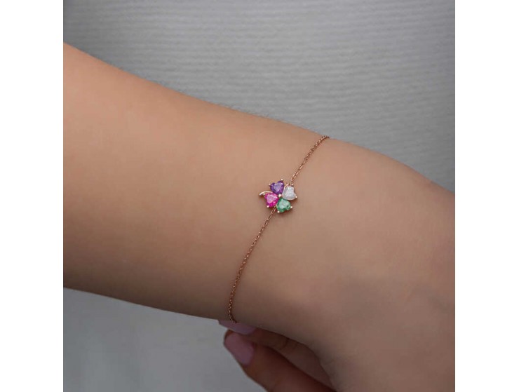 Gümüş Rose Renkli Taşlı Yonca Kadın Bileklik Gümüş Rose Renkli Taşlı Yonca Kadın Bileklik