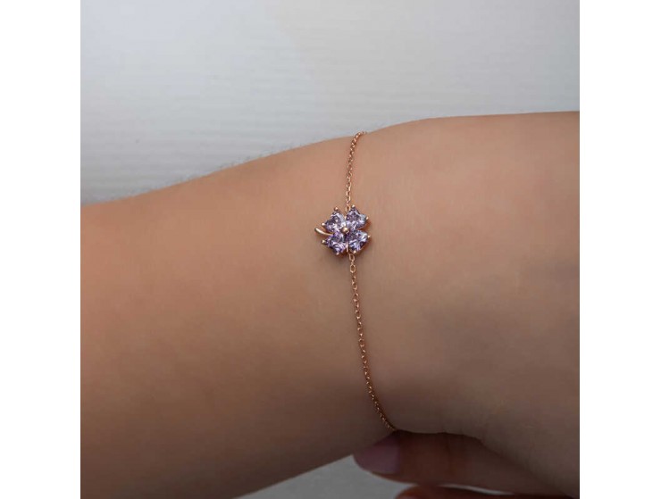 Gümüş Rose Lila Taşlı Yonca Kadın Bileklik Gümüş Rose Lila Taşlı Yonca Kadın Bileklik
