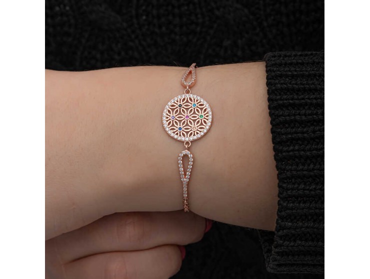 ​Gümüş Rose Renkli Yaşam Çiçeği Kadın Bileklik
