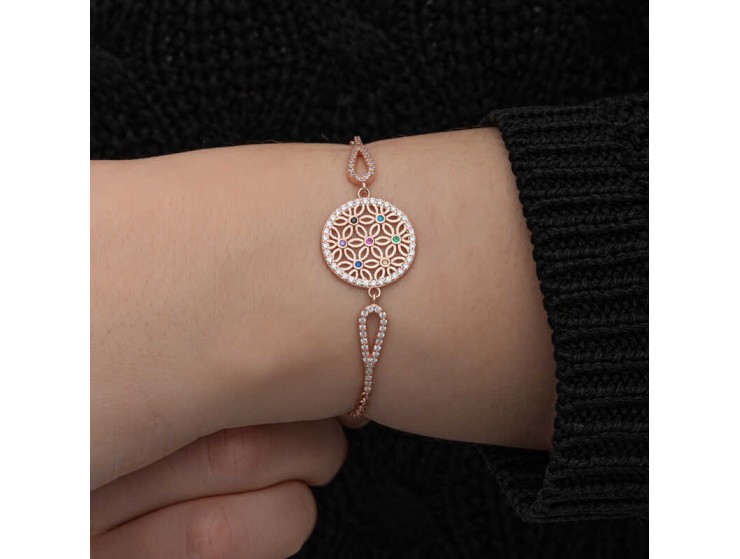 ​Gümüş Rose Renkli Yaşam Çiçeği Kadın Bileklik
